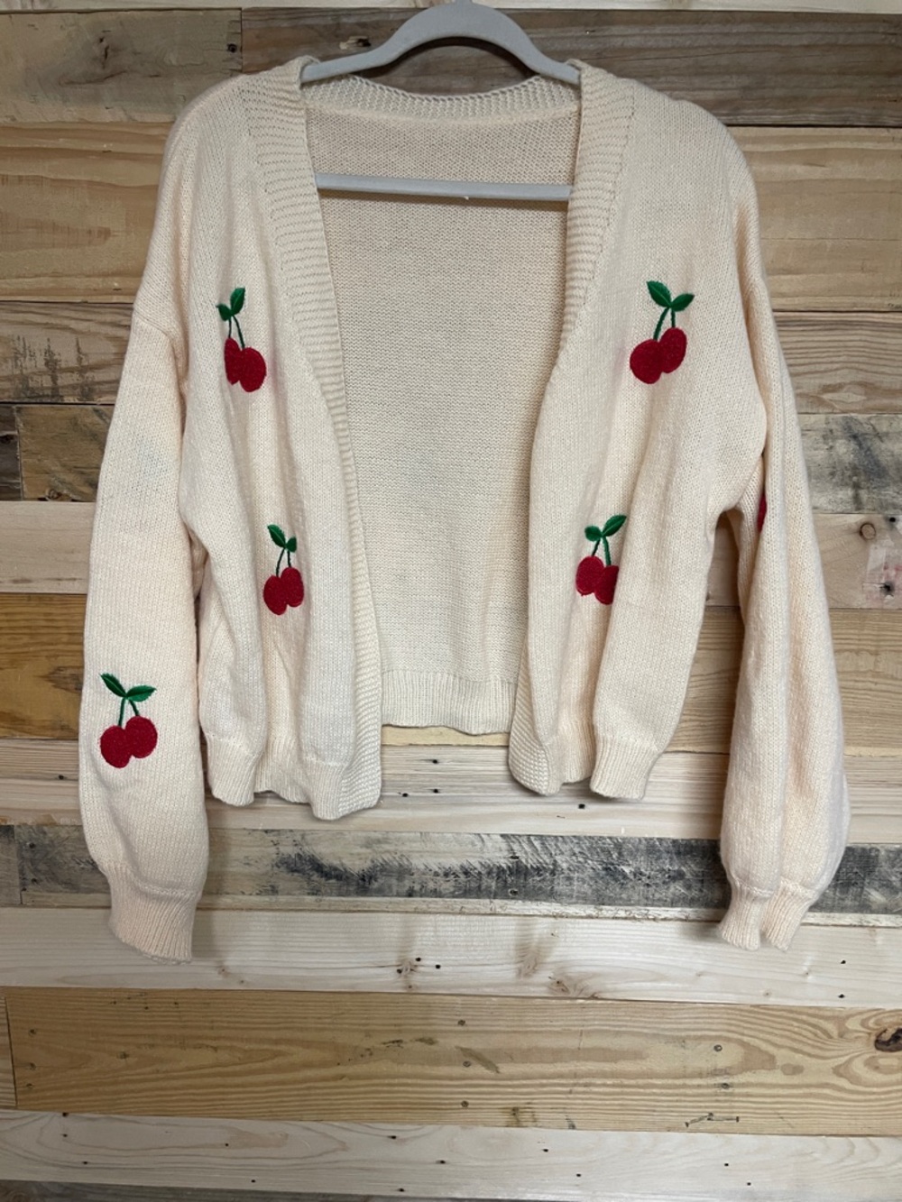 Very Soft Oversized Cropped Cream Cherry Embroidered Open Cardigan Sweater-Large